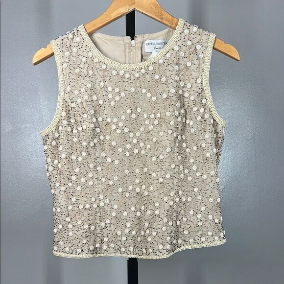 Papell Boutique Cream and Gold Embellished Crop Tank Top - Picture 2 of 8